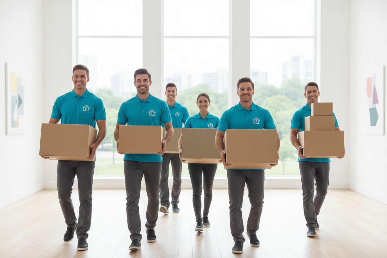Five professional movers in matching teal polo shirts walk across a bright, empty room while carrying cardboard boxes.